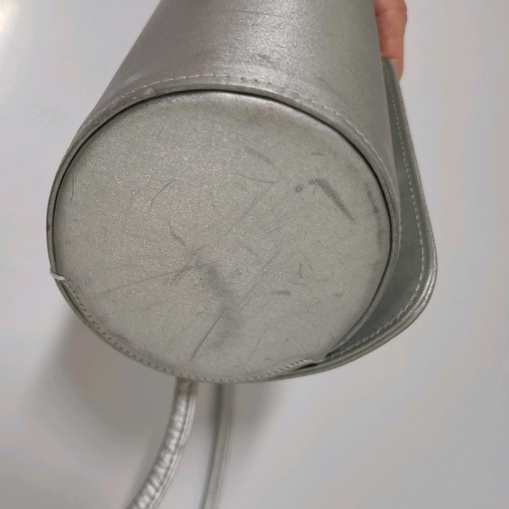 Stuart Weitzman VINTAGE Silver Satin Round Crossbody Bag with Leather Strap - Picture 11 of 14
